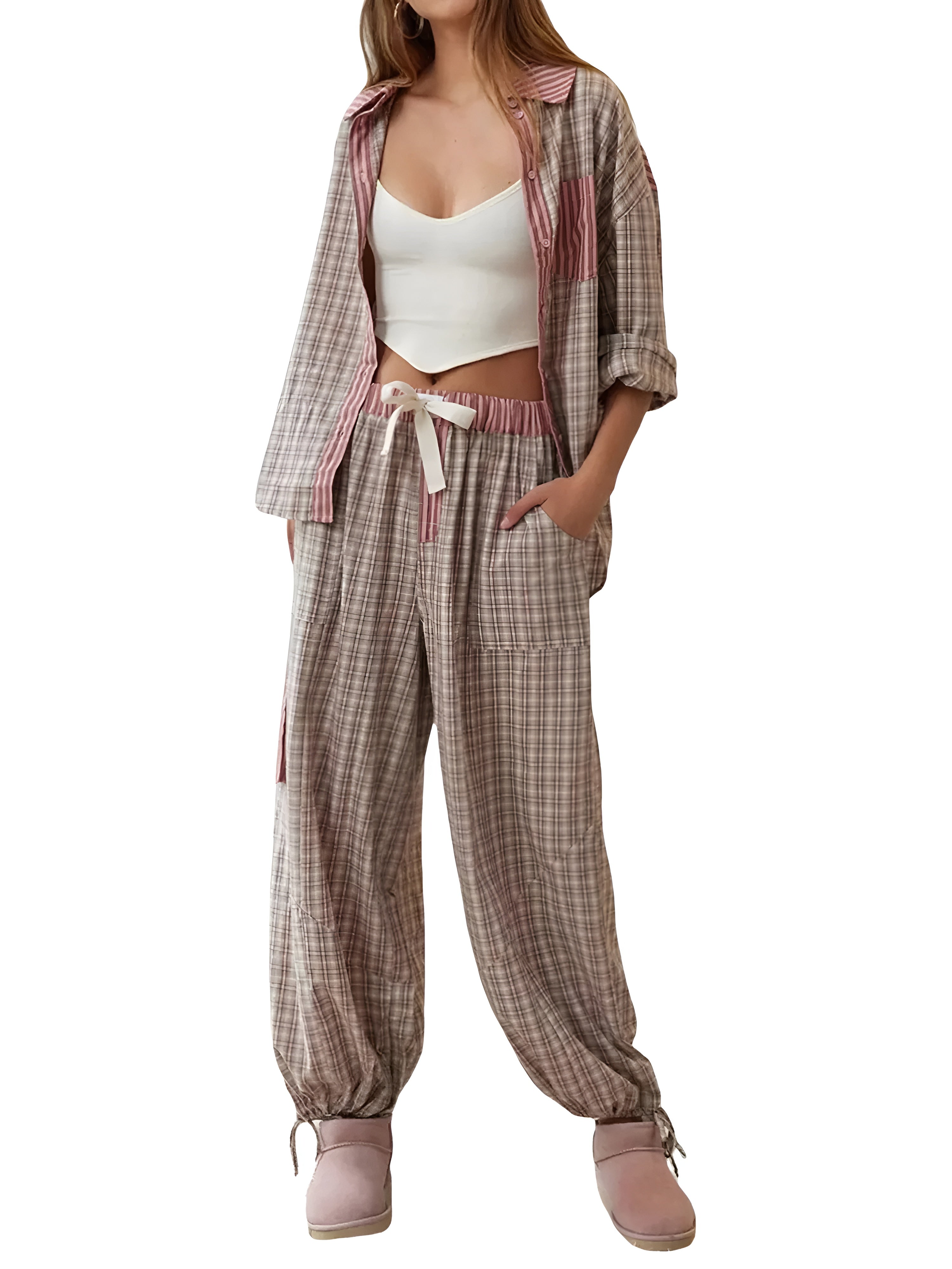 2 Piece Plaid Patterned Comfy Lounge Set-Original Pajamas