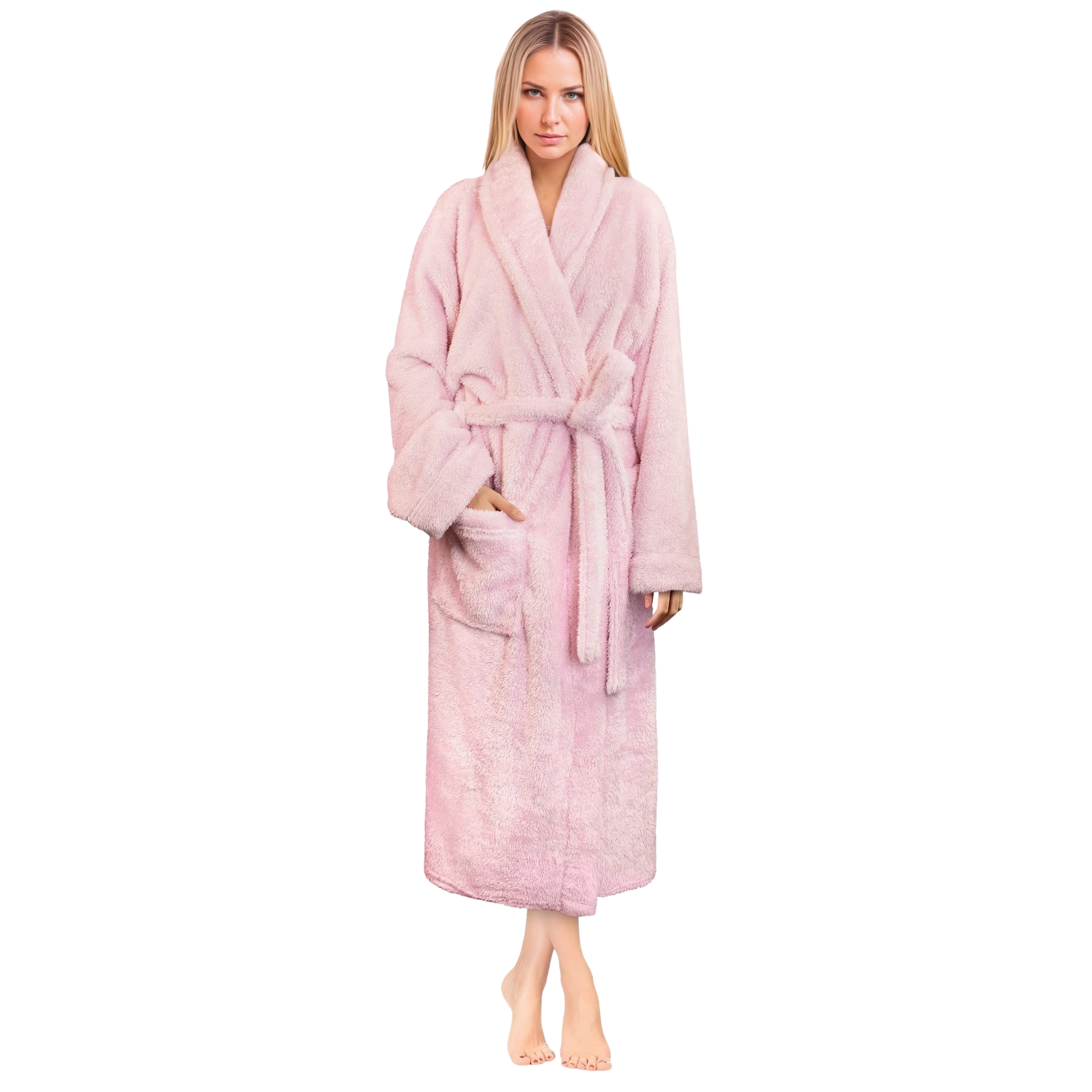 Plush Fleece Sherpa Style Long Bath Robe With Side Pockets For Women