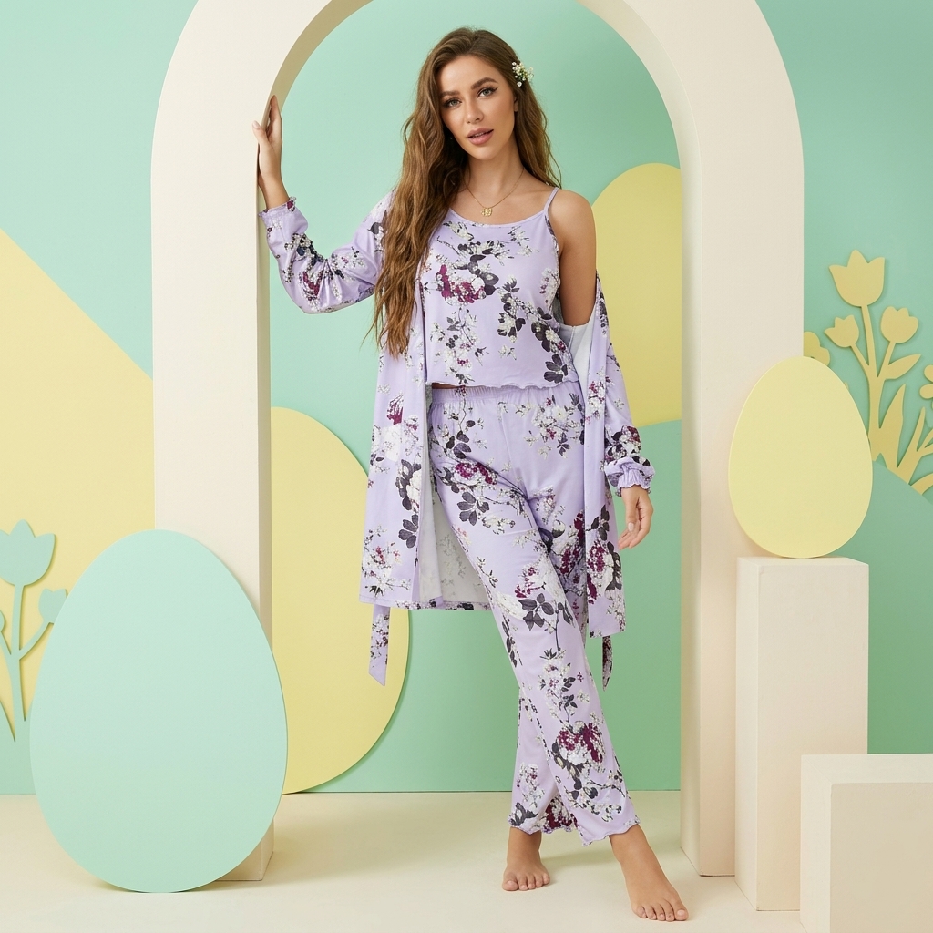 [Copy]Ruffled Satin Long Sleeve Pajama Set