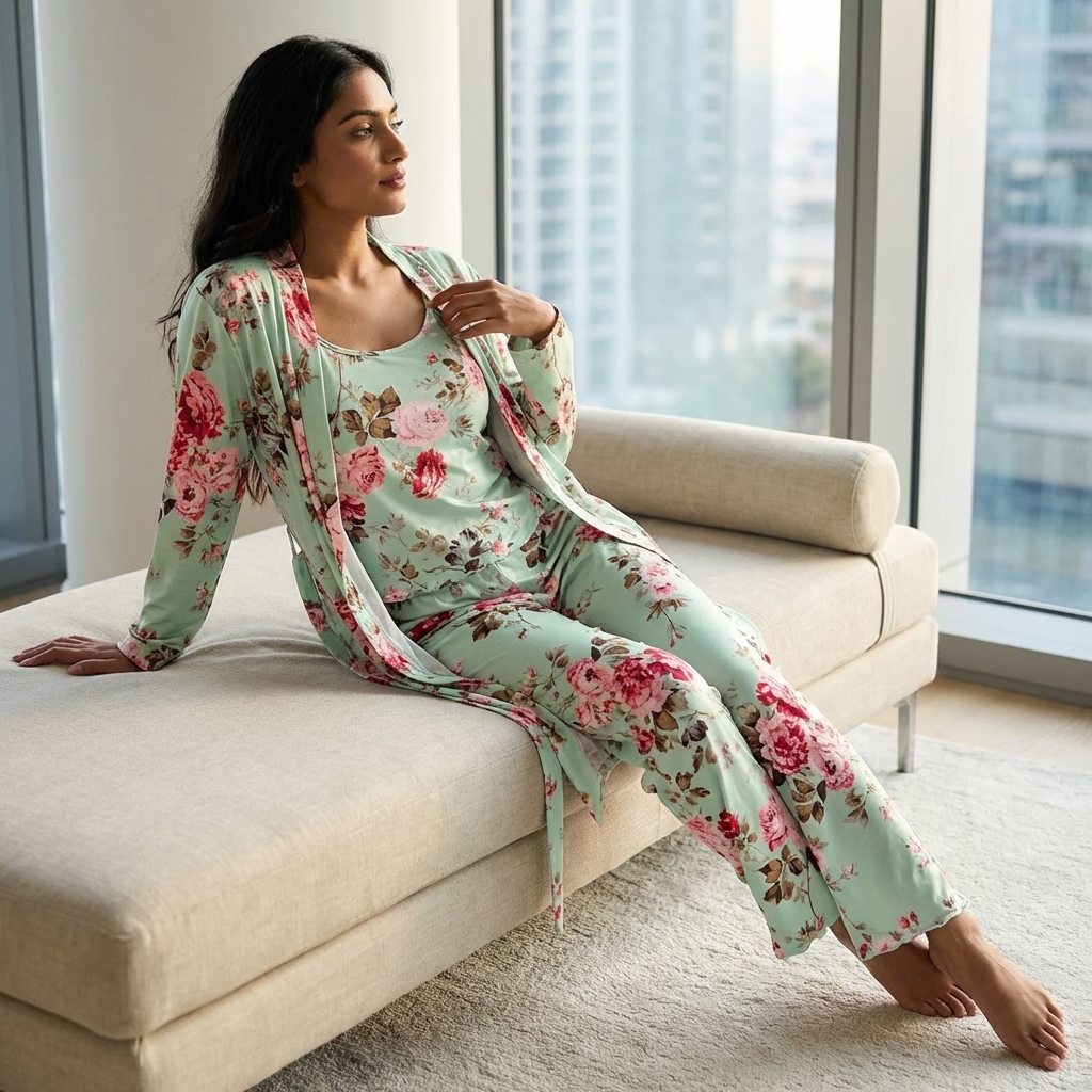 [Copy]Ruffled Satin Long Sleeve Pajama Set