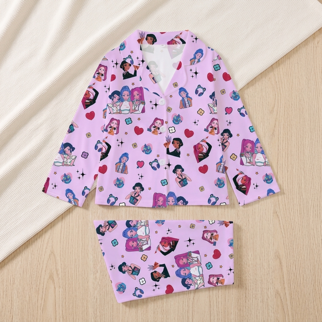 Two Piece Cartoon K Pop Printed Pajama Set For Kids