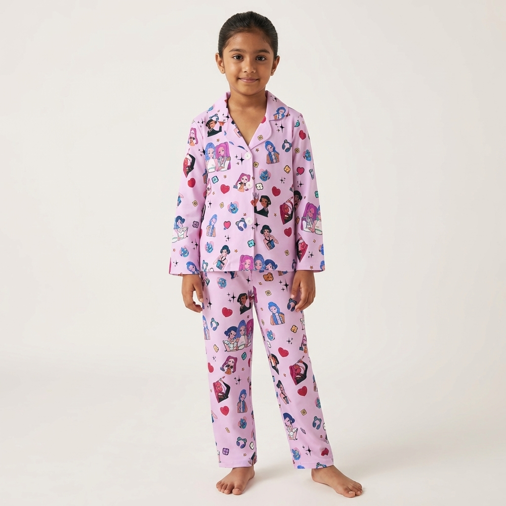 Two Piece Cartoon K Pop Printed Pajama Set For Kids