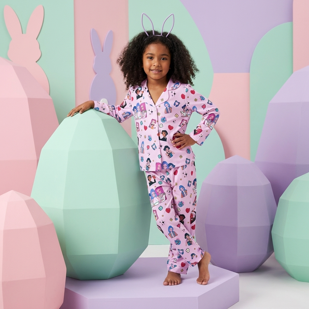 Two Piece Cartoon K Pop Printed Pajama Set For Kids