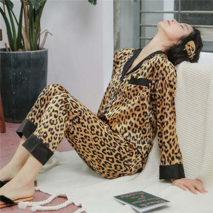 Casual Leopard Print Long Pajama Set-Original Pajamas