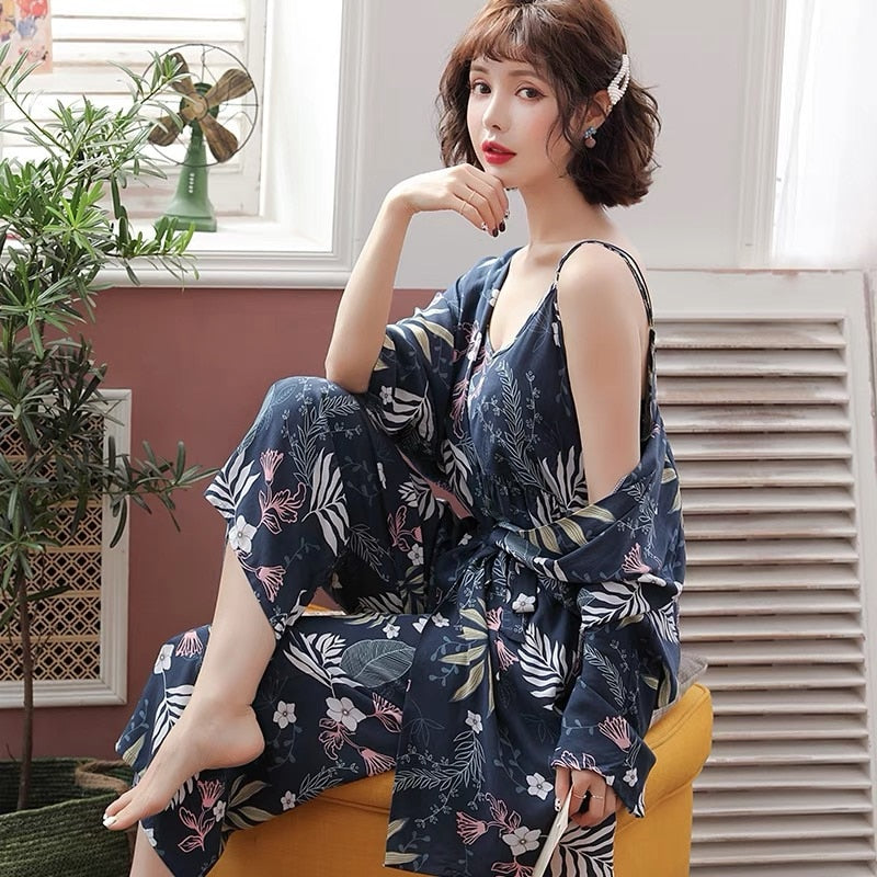 New Spring Autumn Flower Pajamas 3 Piece Set-Original Pajamas