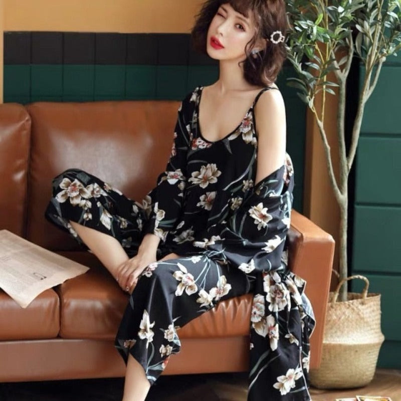 New Spring Autumn Flower Pajamas 3 Piece Set-Original Pajamas