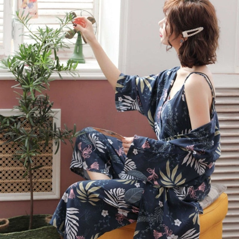 New Spring Autumn Flower Pajamas 3 Piece Set-Original Pajamas