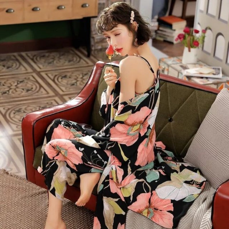 New Spring Autumn Flower Pajamas 3 Piece Set-Original Pajamas