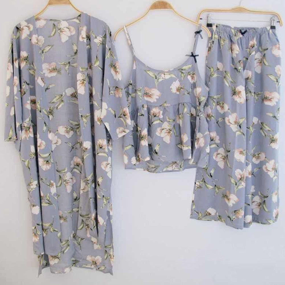 3 Piece Women Floral Cardigan Pajama Set Home Wear-Original Pajamas