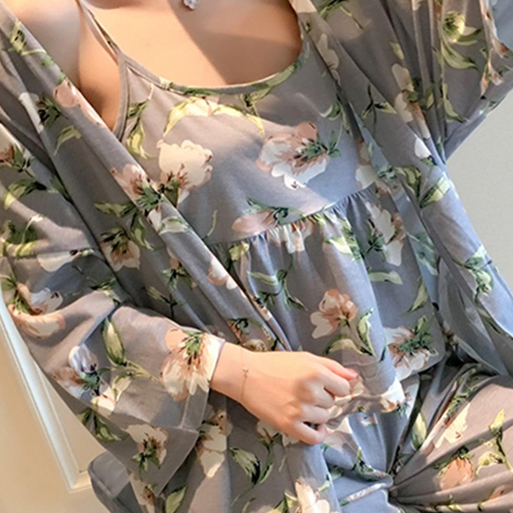 3 Piece Women Floral Cardigan Pajama Set Home Wear-Original Pajamas