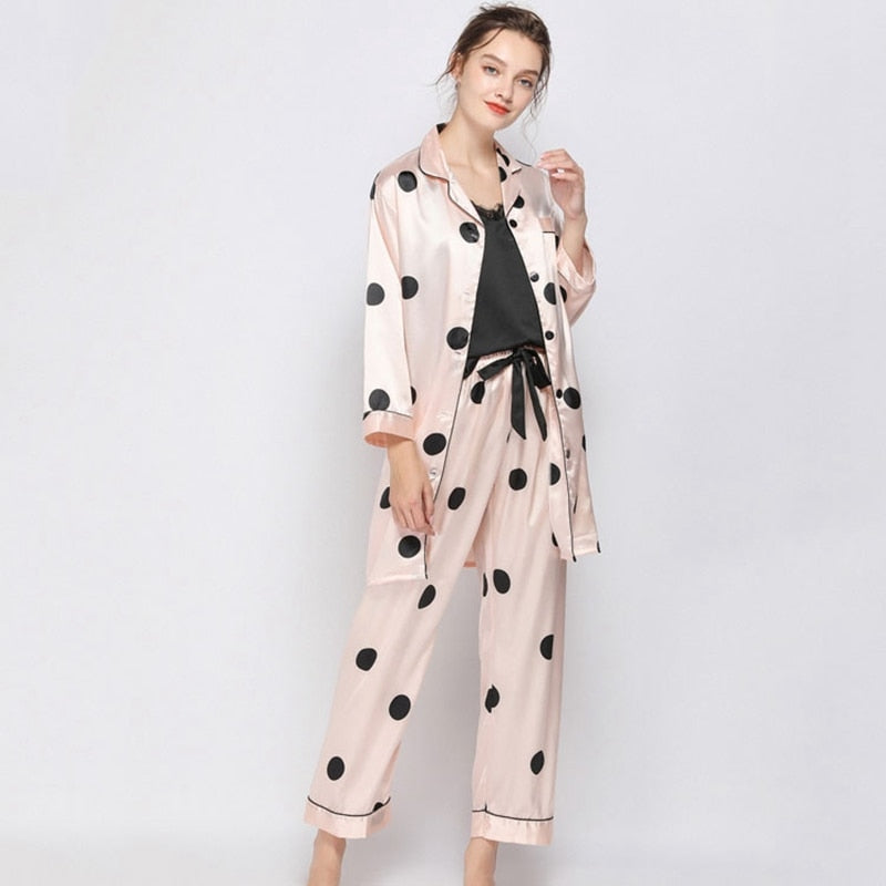 Polka Dot Female Pajamas Nightwear Pink Long Sleeve 3 Pieces-Original Pajamas