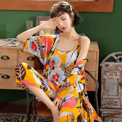3 Pieces Floral Multicolored Women Pajamas Sets Comfy Cotton-Original Pajamas