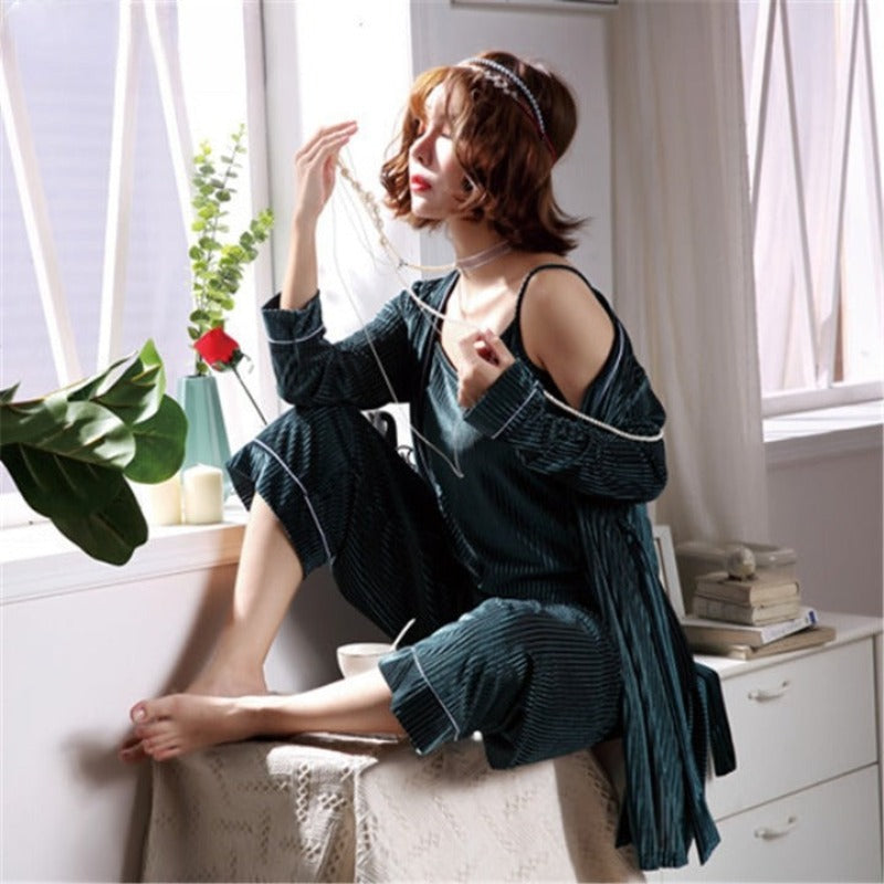 3 Pieces Stripes Solid Female Sleepwear Elegant Nightgown-Original Pajamas