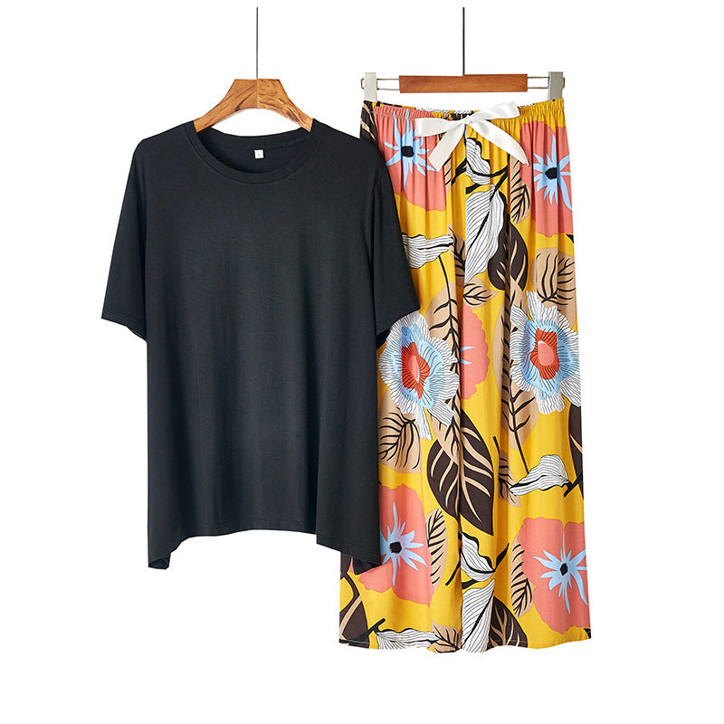 The Solid Top Floral Bottoms Original Pajamas-Original Pajamas