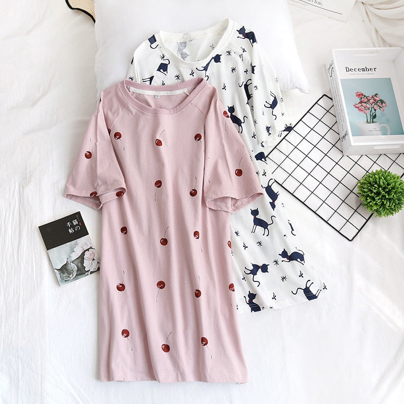 The Summertime Cherry & Cat Nightdress Solid Original Pajamas-Original Pajamas