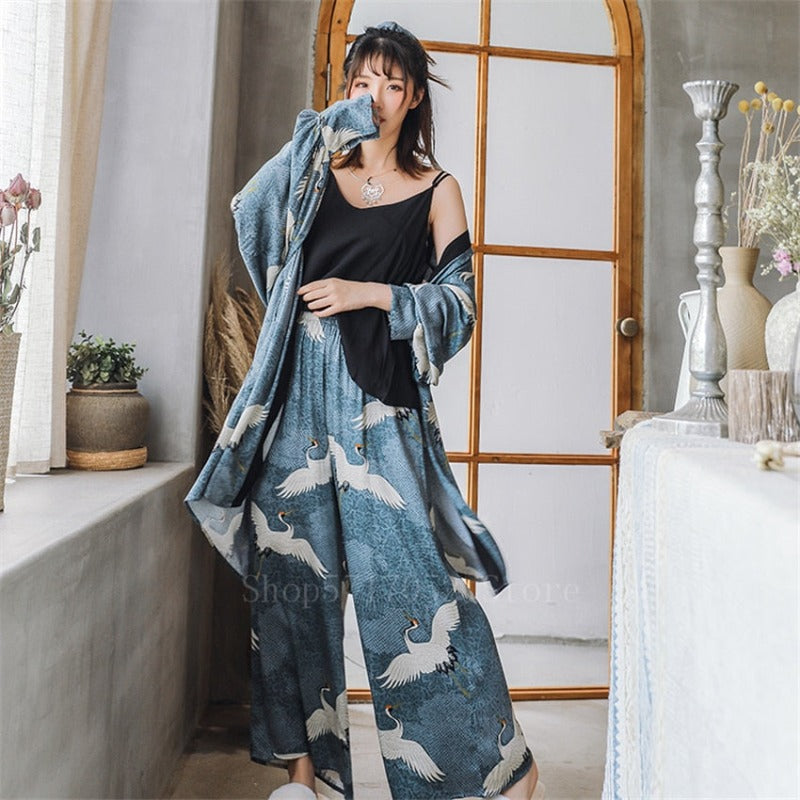 Japanese Kimono Dress 3 Piece Pajamas Coat Top Pants-Original Pajamas