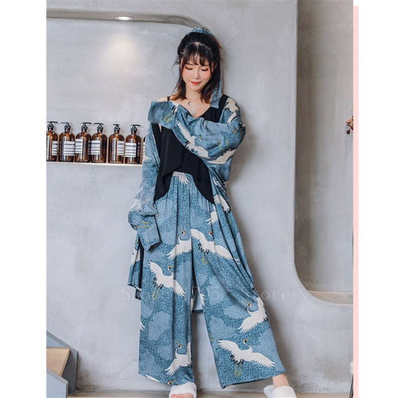 Japanese Kimono Dress 3 Piece Pajamas Coat Top Pants-Original Pajamas