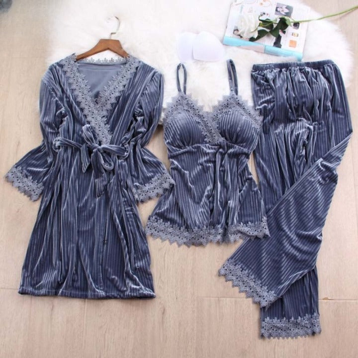 Velvet Sleepwear 3 Piece Pajamas Lace Trim Solid-Original Pajamas