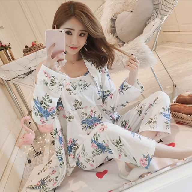 3 Piece Pajamas Floral Printing Pajamas For Ladies-Original Pajamas