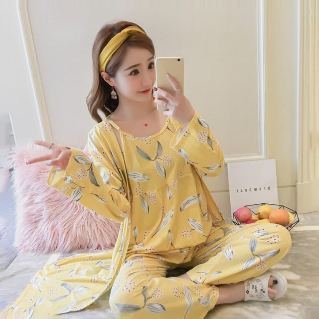 3 Piece Pajamas Floral Printing Pajamas For Ladies-Original Pajamas