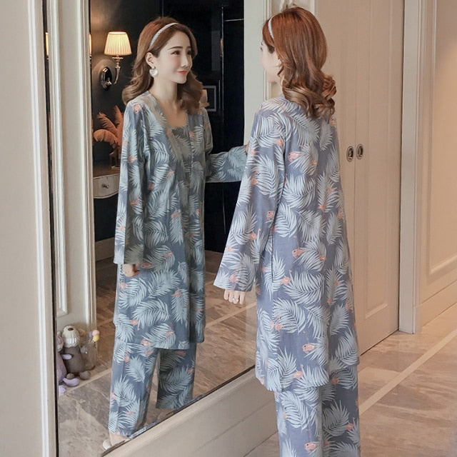 3 Piece Pajamas Floral Printing Pajamas For Ladies-Original Pajamas