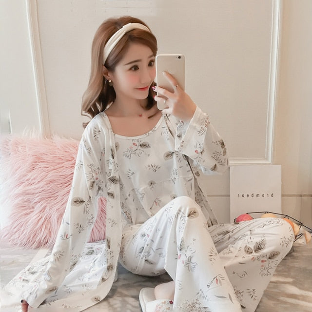 3 Piece Pajamas Floral Printing Pajamas For Ladies-Original Pajamas