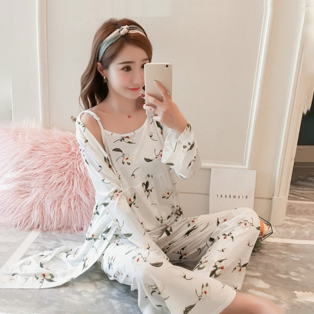 3 Piece Pajamas Floral Printing Pajamas For Ladies-Original Pajamas