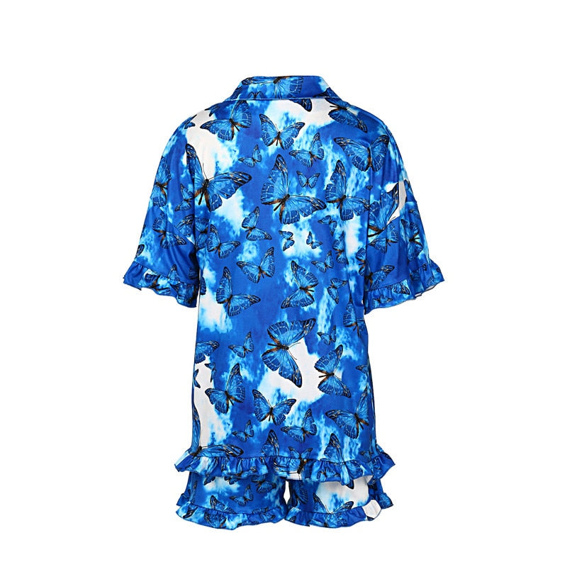 2 Piece Pyjama Set Butterfly Print Satin Silk Nightwear-Original Pajamas