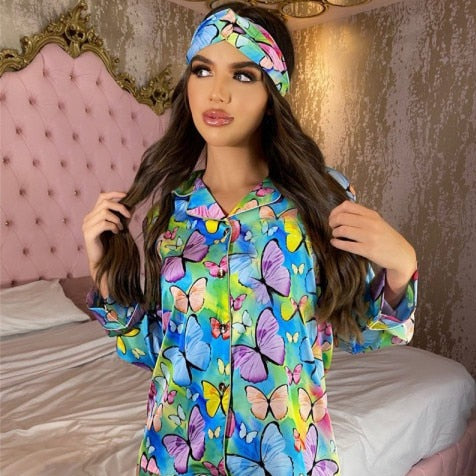 2 Piece Butterfly Print Satin Silk Pajamas Set With Headwear-Original Pajamas