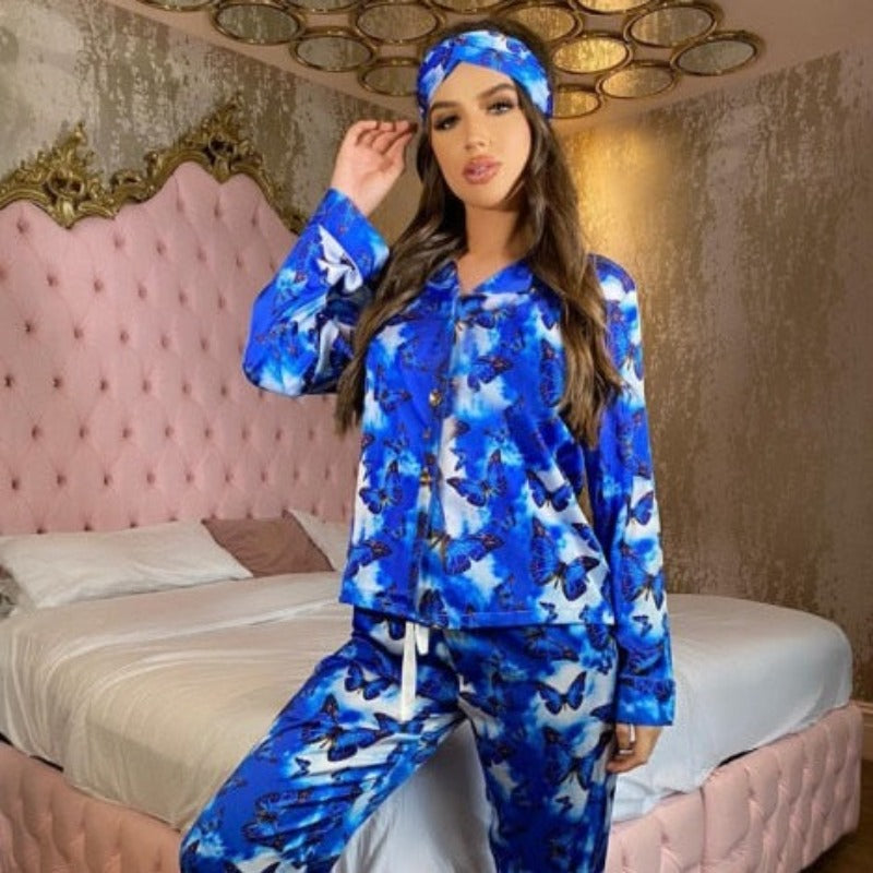 2 Piece Butterfly Print Satin Silk Pajamas Set With Headwear-Original Pajamas