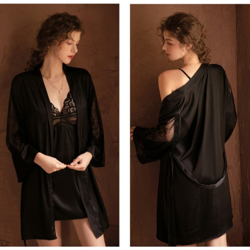 Embroidery Laced 2 Pieces Women Sleepwear Set With Belt-Original Pajamas