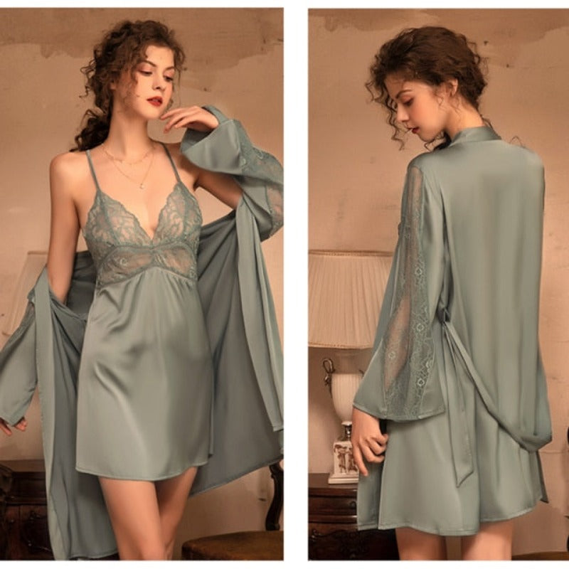 Embroidery Laced 2 Pieces Women Sleepwear Set With Belt-Original Pajamas