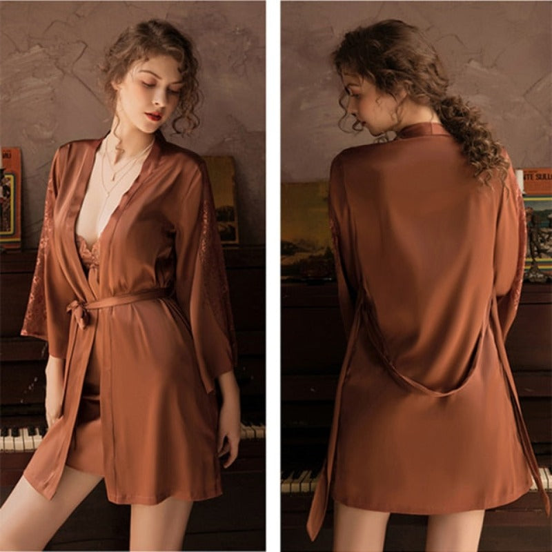 Embroidery Laced 2 Pieces Women Sleepwear Set With Belt-Original Pajamas