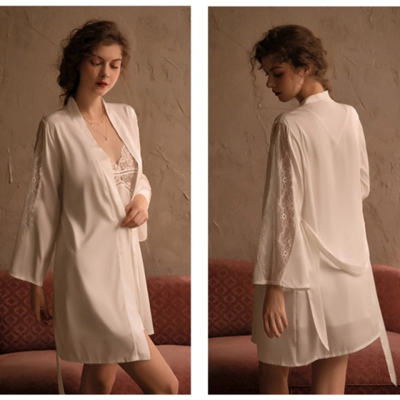 Embroidery Laced 2 Pieces Women Sleepwear Set With Belt-Original Pajamas