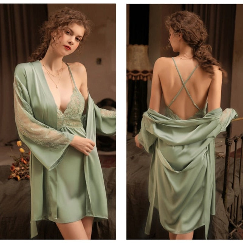 Embroidery Laced 2 Pieces Women Sleepwear Set With Belt-Original Pajamas