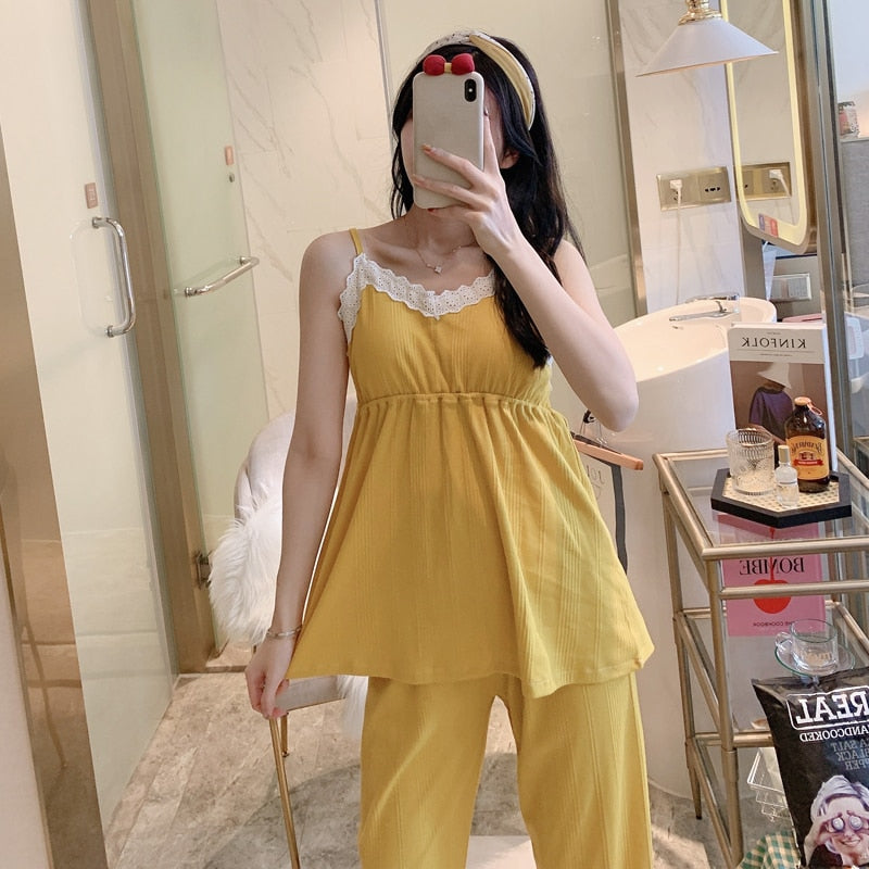 The Lace Cotton Solid Cozy 3 Piece Pyjama Set-Original Pajamas