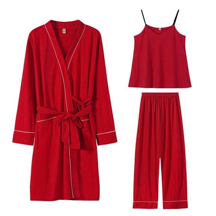 Women Robe Pocketed Pajama 3 Piece Pj Set Homesuit Casual