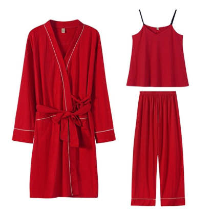Women Robe Pocketed Pajama 3 Piece Pj Set Homesuit Casual