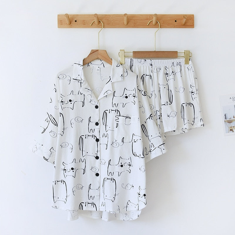 The White Cat Print Pajama Set Original Pajamas-Original Pajamas