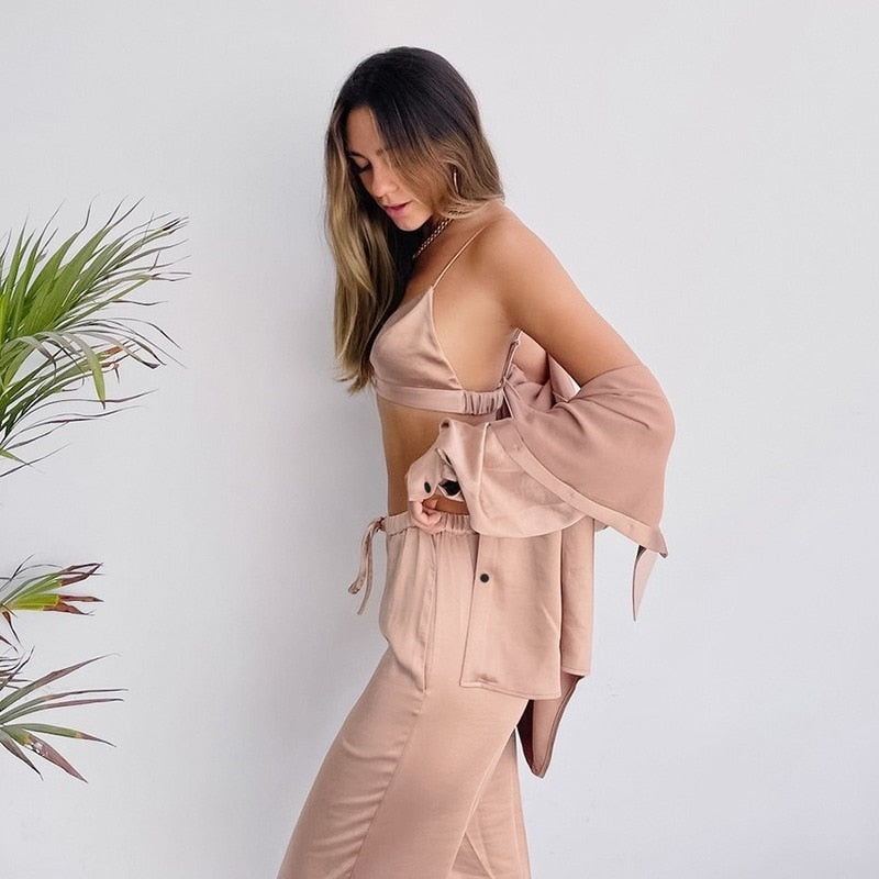 The Solid Silk Women Pajama Set Original Pajamas 3 Piece Set-Original Pajamas