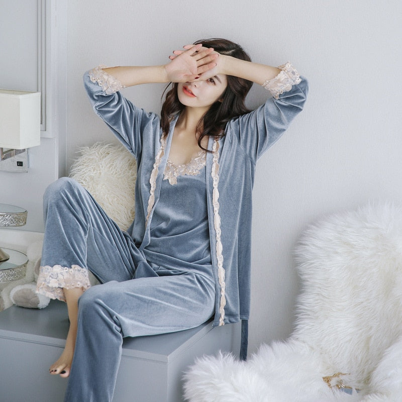 Velvet Winter Lace Pajamas Women 3 Pieces Lounge Wear Set-Original Pajamas