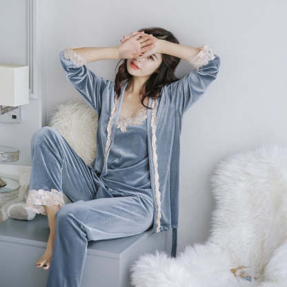 Velvet Winter Lace Pajamas Women 3 Pieces Lounge Wear Set-Original Pajamas