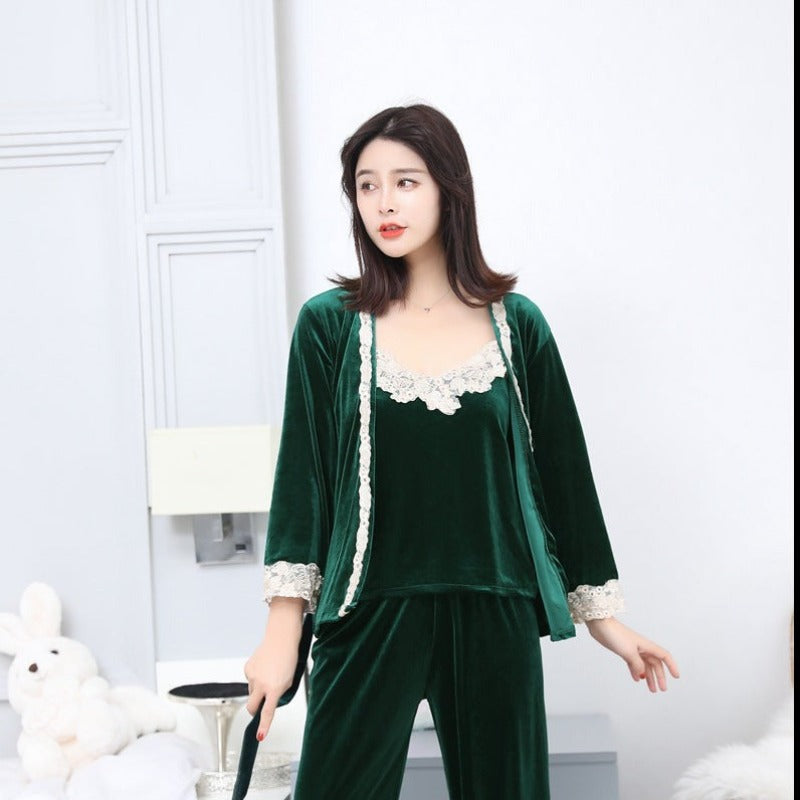 Velvet Winter Lace Pajamas Women 3 Pieces Lounge Wear Set-Original Pajamas