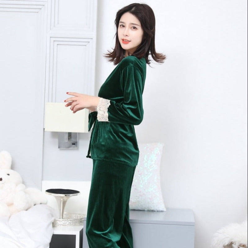 Velvet Winter Lace Pajamas Women 3 Pieces Lounge Wear Set-Original Pajamas