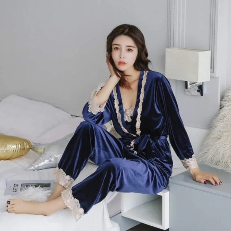 Velvet Winter Lace Pajamas Women 3 Pieces Lounge Wear Set-Original Pajamas