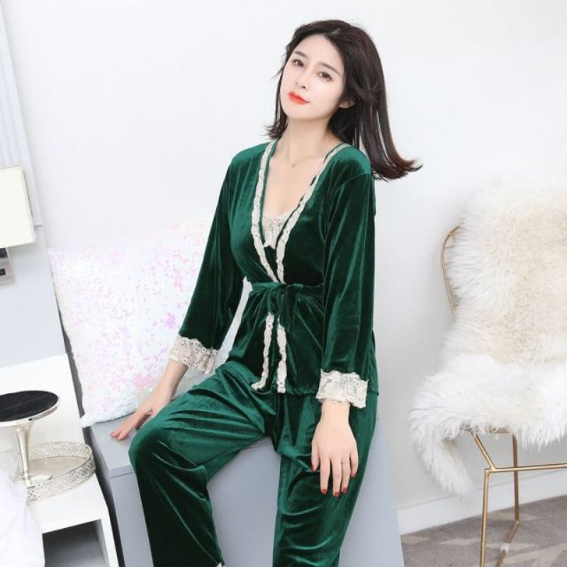 Velvet Winter Lace Pajamas Women 3 Pieces Lounge Wear Set-Original Pajamas