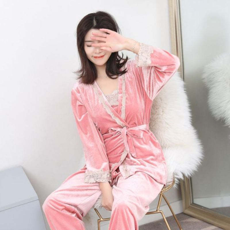 Velvet Winter Lace Pajamas Women 3 Pieces Lounge Wear Set-Original Pajamas