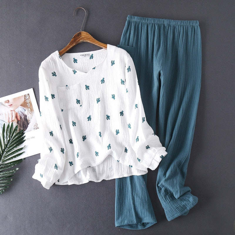 The Cactus Printed 2 Piece Long Pajama Set Cotton Sleepwear-Original Pajamas