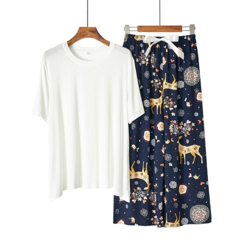 The Solid Top Floral Bottoms Original Pajamas-Original Pajamas