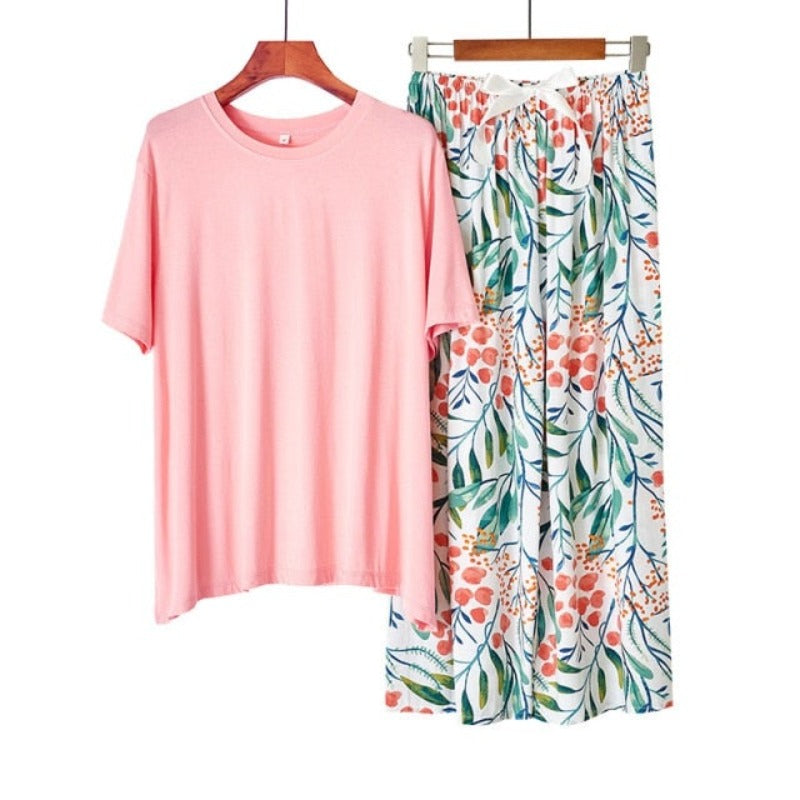 The Solid Top Floral Bottoms Original Pajamas-Original Pajamas